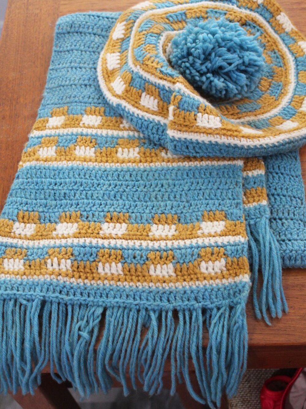 Vintage Handmade Knitted Scarf, Matching Hat - Teal and Gold Winter Accessories